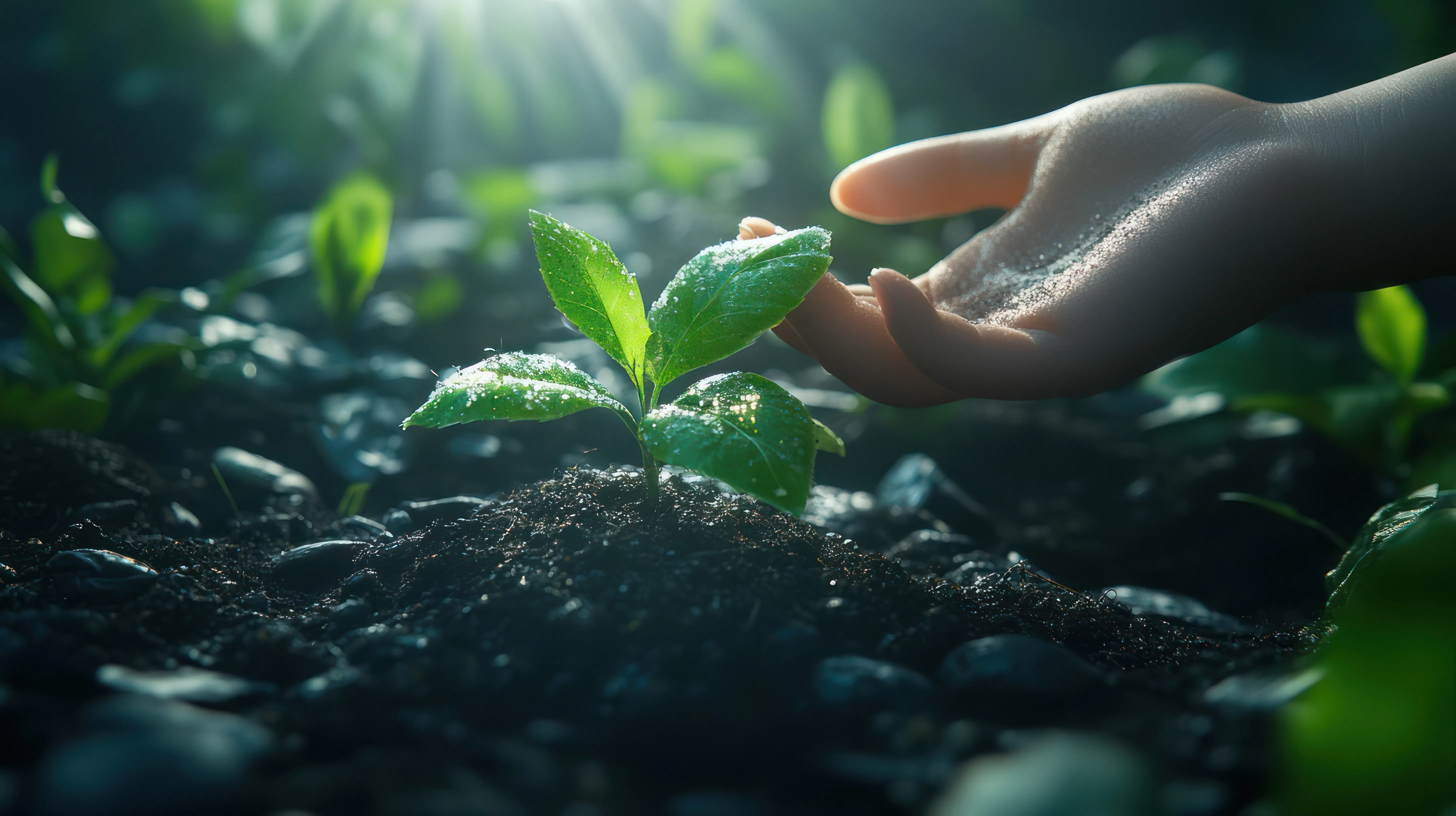 Hand gently touching a thriving plant sprouting from rich soil